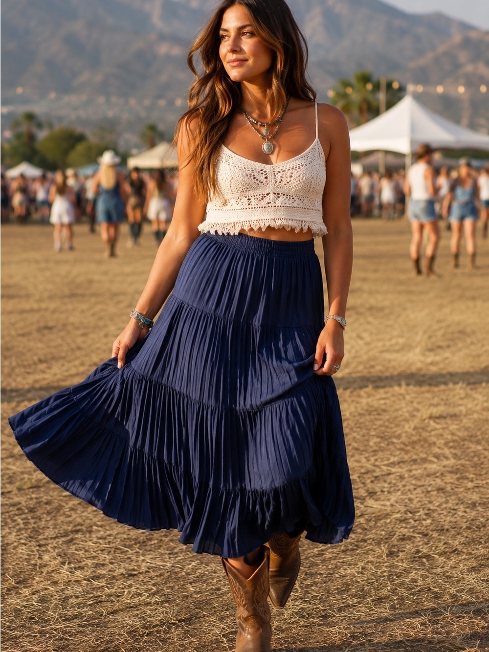 Vintage Western Pleated Midi Skirt Blue Boho Cottagecore Prairie Festival Style